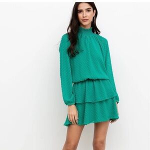 Yumi Kim‎ Revolve Class Act Dress Green Jewel Emerald Swiss Dot Mock neck Mini S